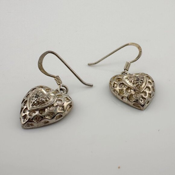 Sterling Silver Heart Dangle Earrings with Small Natural Diamond in Center - Picture 6 of 10